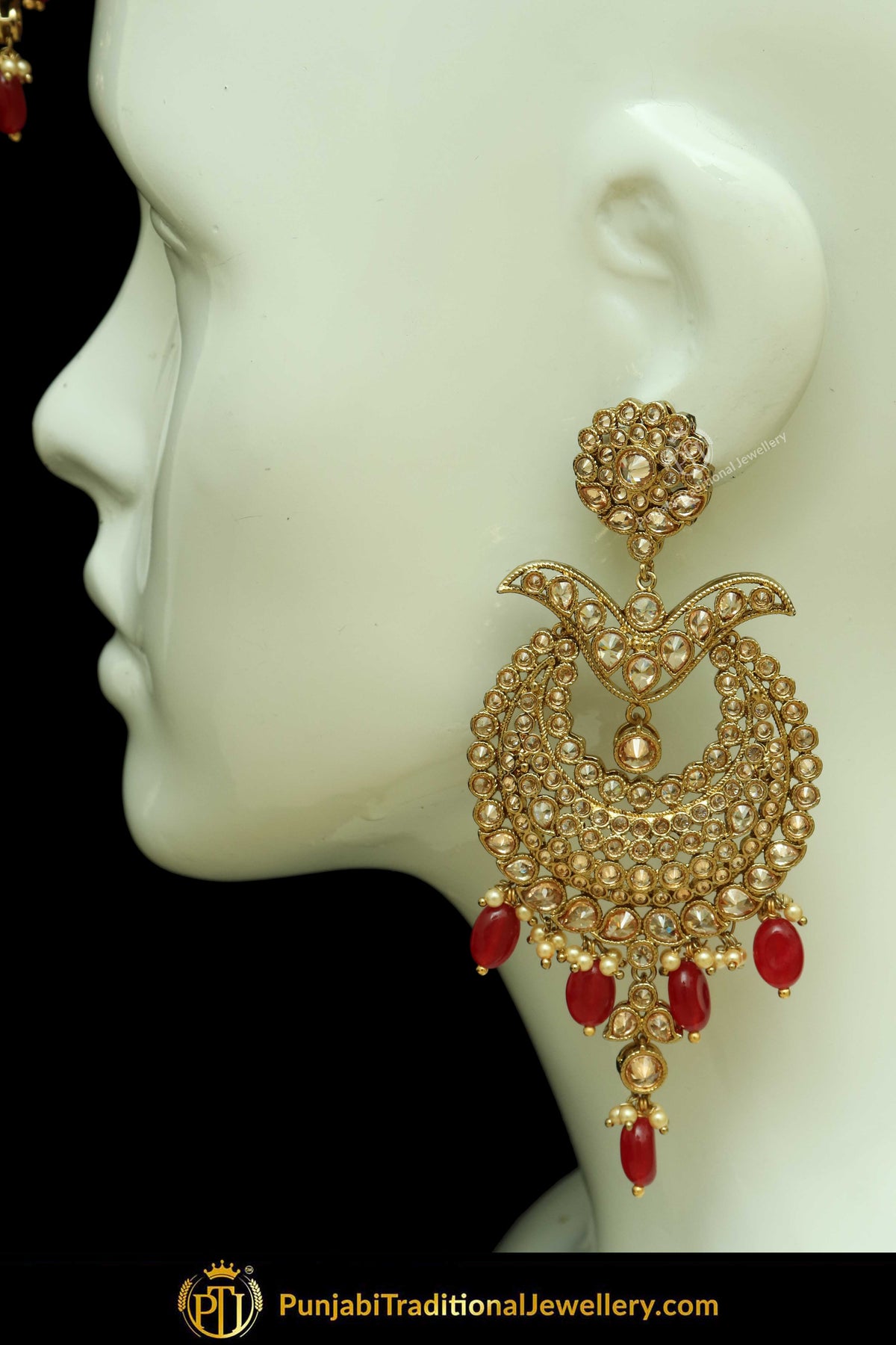 Antique Gold Finised Champagne Stone Red Earring Tikka Set By Punjabi Traditional Jewellery