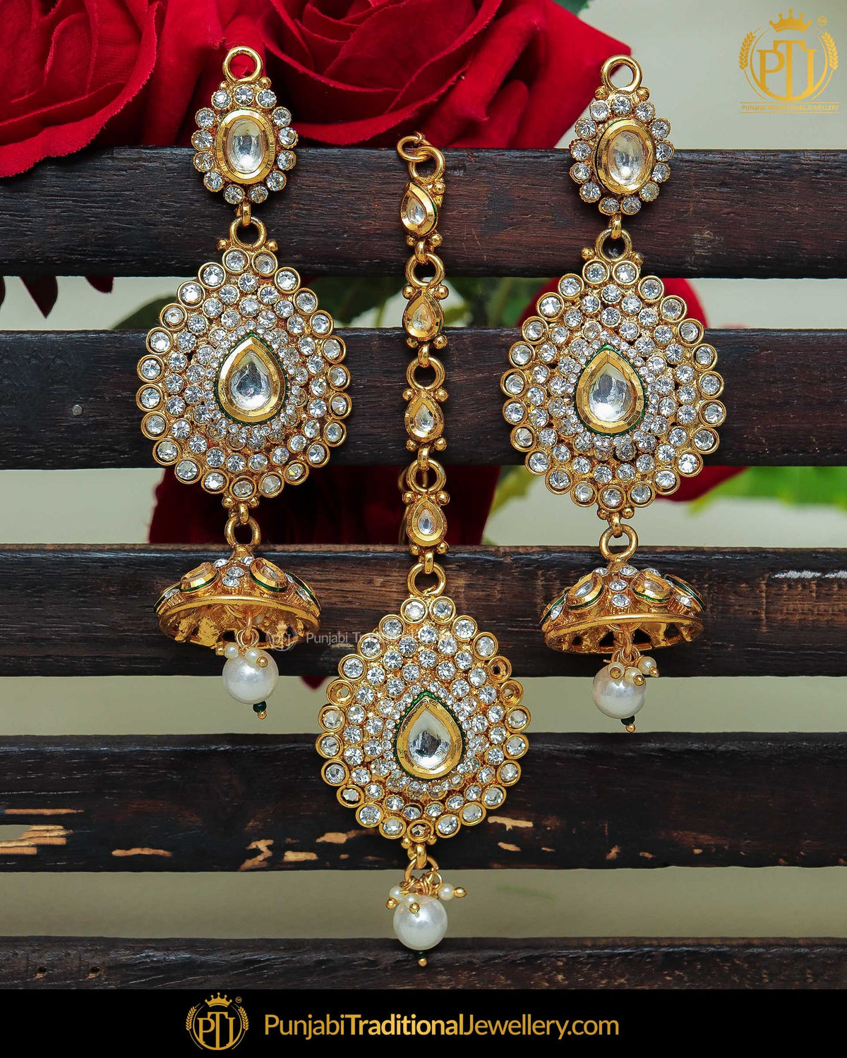 Gold Finished Polki Stone Pearl Earring Tikka Set | Punjabi Traditional Jewellery Exclusive