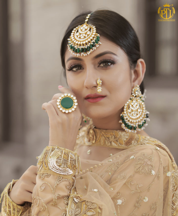 Jahana Emerald Kundan Earring Tikka Set | Rawayat by Punjabi Traditional Jewellery