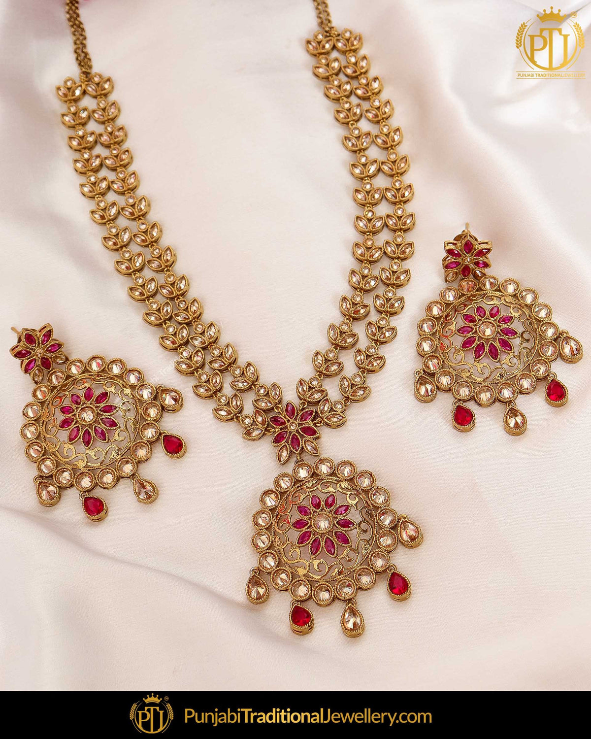 Antique Gold Finished Rubby Chamapgne Stone Necklace Set | Punjabi Traditional Jewellery Exclusive