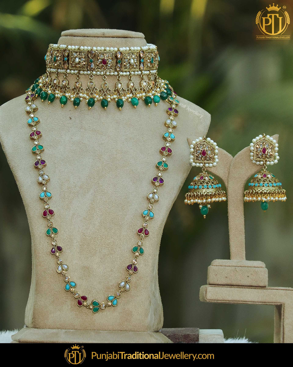 Gold Finished Navratan Kundan Bridal Choker Necklace Set | Punjabi Traditional Jewellery Exclusive