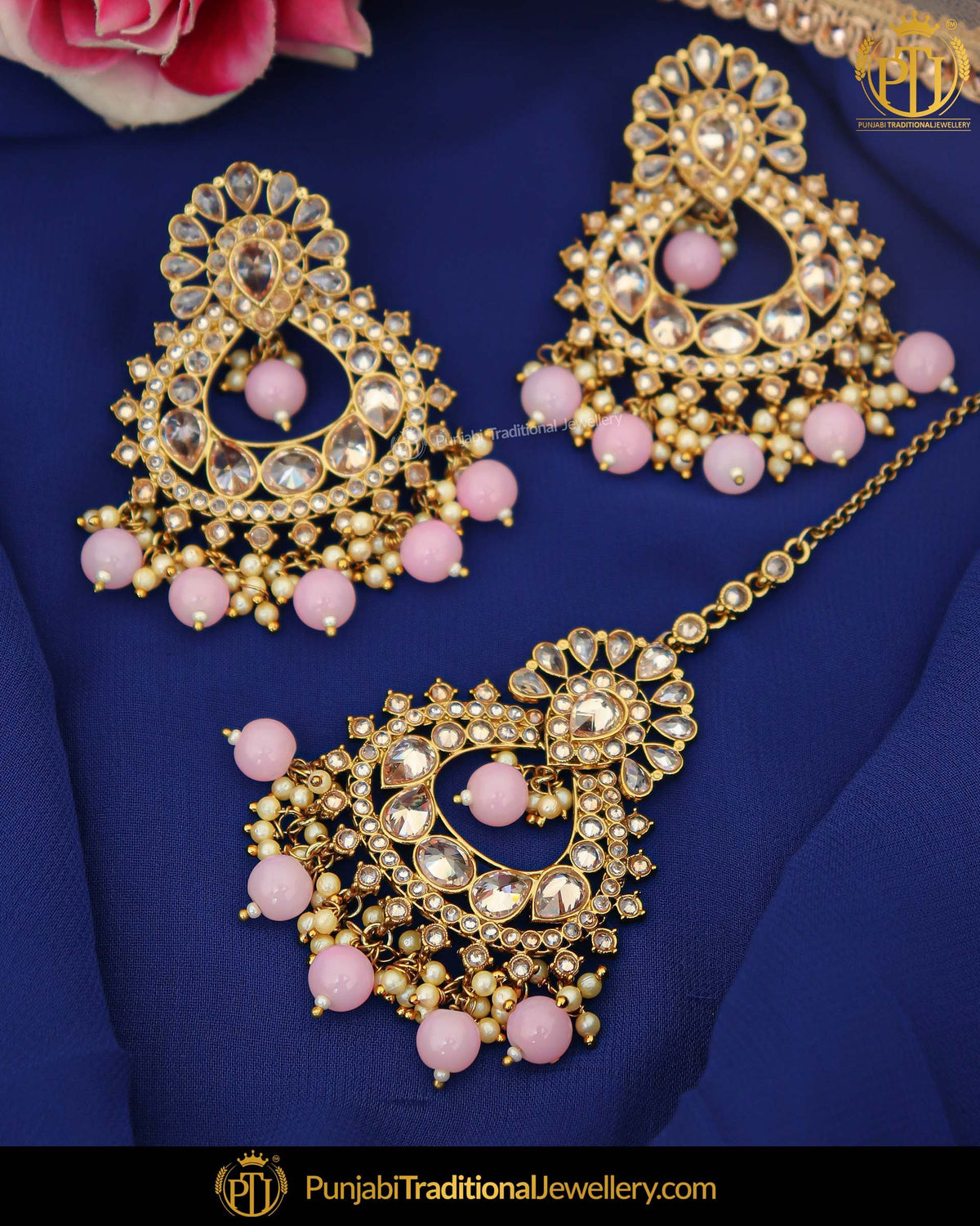 Antique Gold Finished Pink Pearl Champagne Stone Earring Tikka Set | Punjabi Traditional Jewellery Exclusive