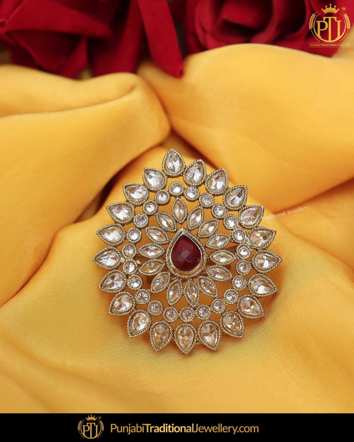 Gold Finished Rubby Champagne Stone Ring | Punjabi Traditional Jewellery Exclusive