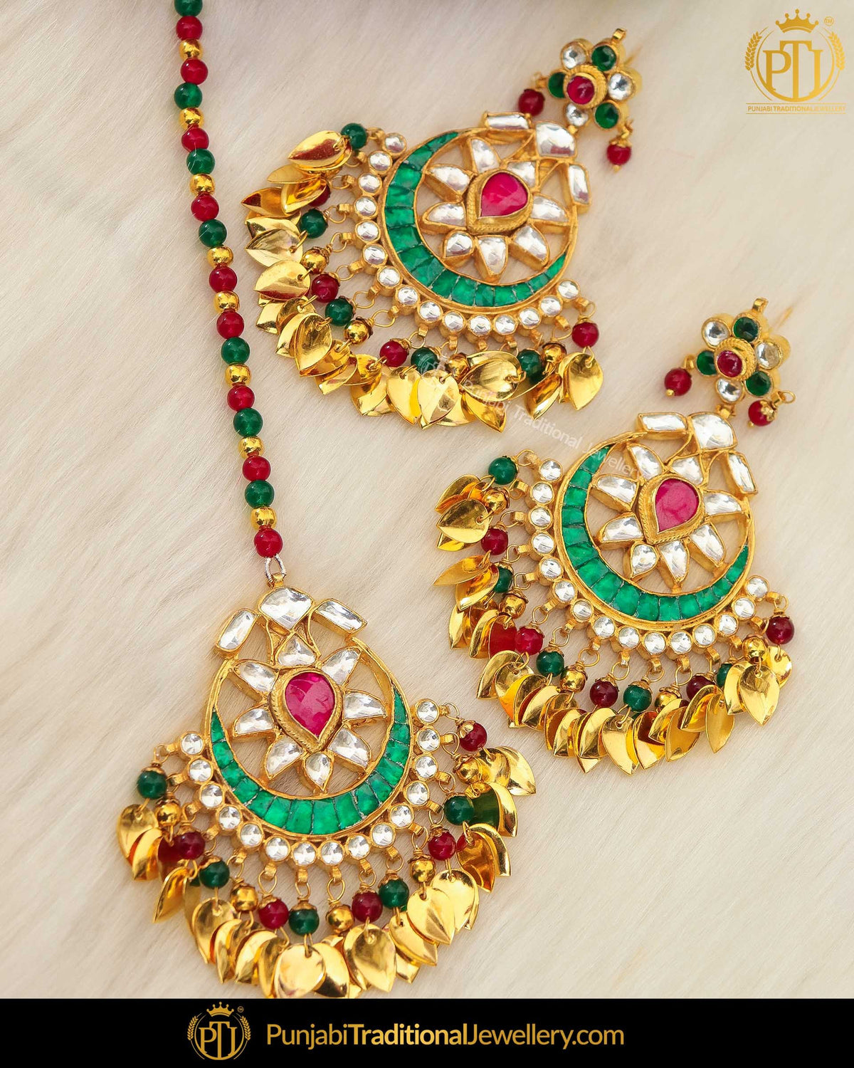 Gold Finished Rubby Emerald Pippal Patti Pearl Kundan Earring Tikka Set | Punjabi Traditional Jewellery Exclusive
