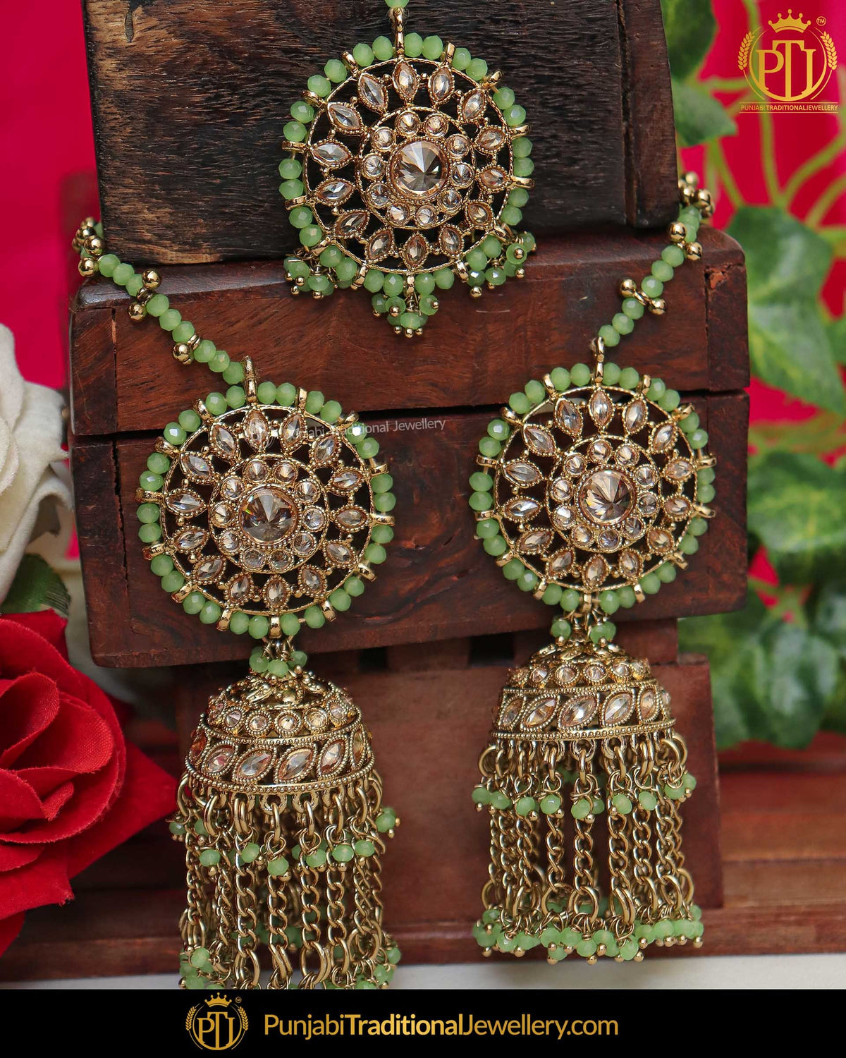 Gold Finished Green Champagne Stone Pearl Jhumki Earring Tikka Set | Punjabi Traditional Jewellery Exclusive