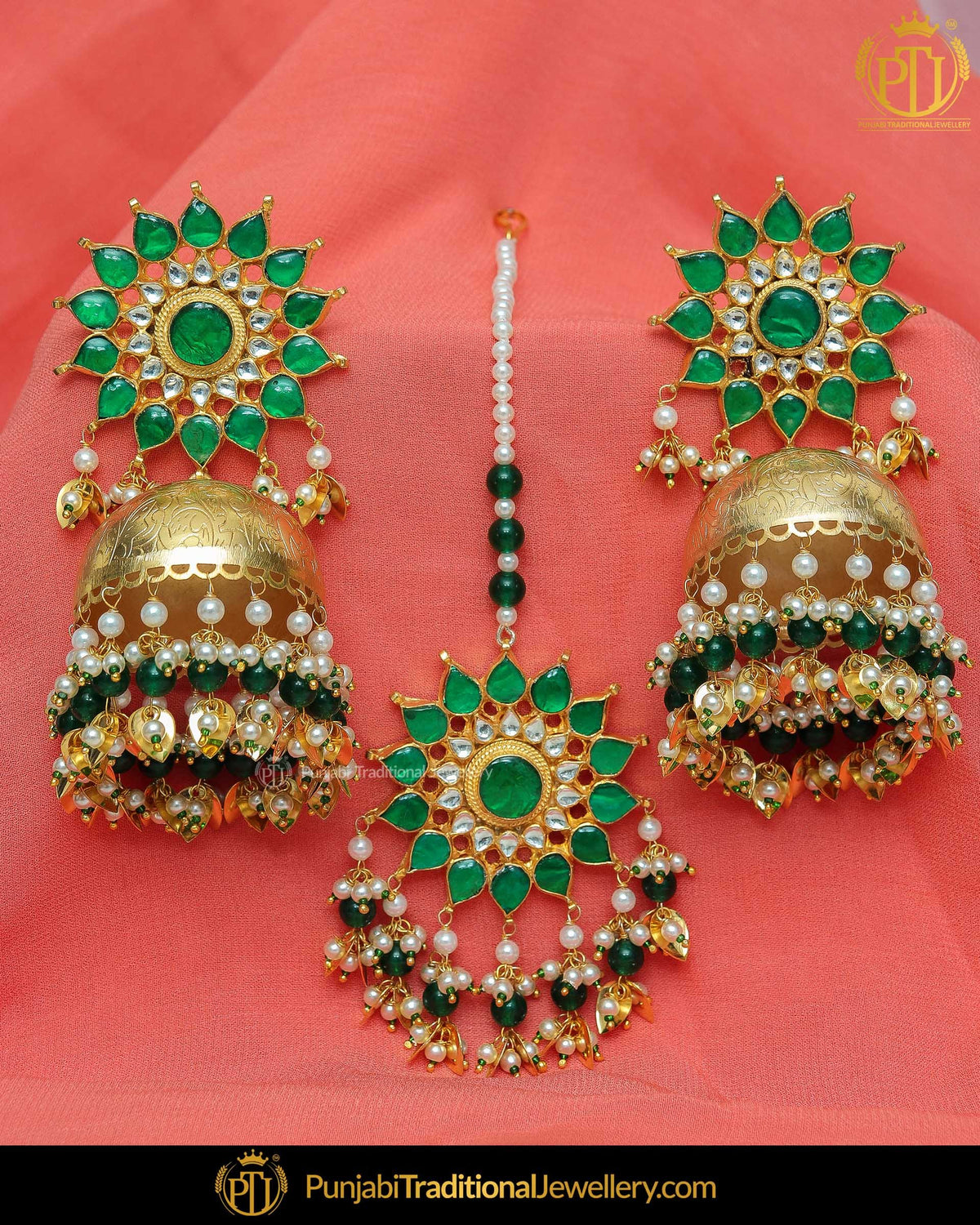 Gold Finished Green Kundan Pippal Patti Jhumki Earrings & Tikka | Punjabi Traditional Jewellery Exclusive