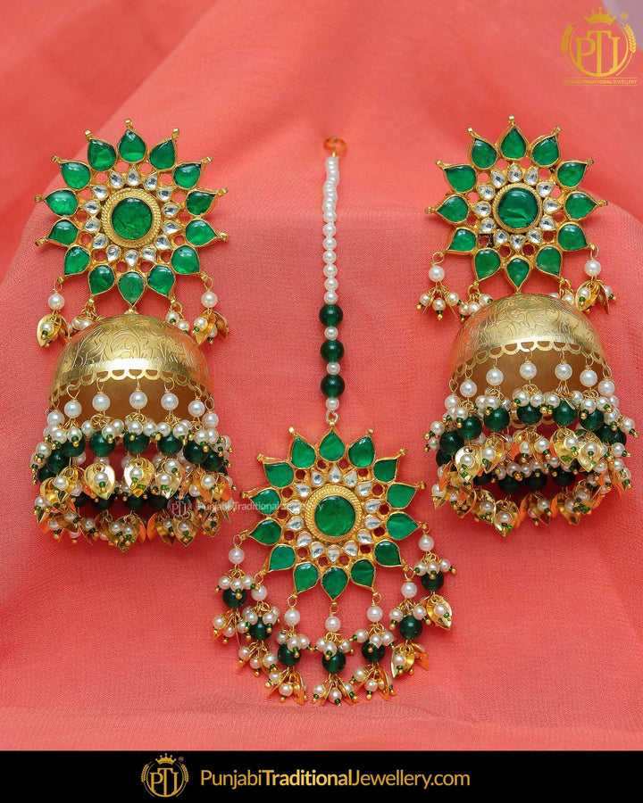 Gold Finished Green Kundan Pippal Patti Jhumki Earrings & Tikka | Punjabi Traditional Jewellery Exclusive