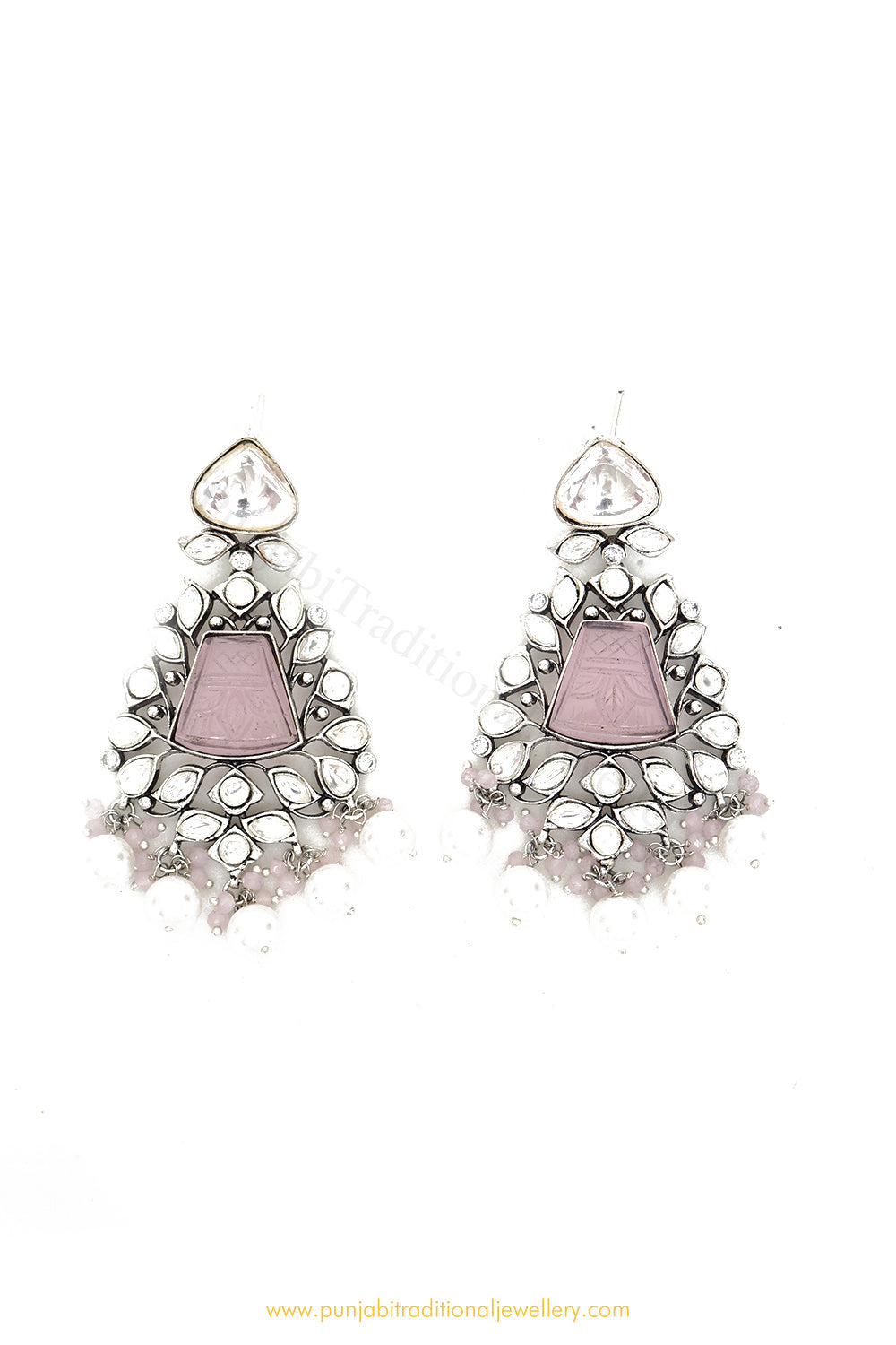 Oxidised Silver Pink Kundan Earrings by PTJ