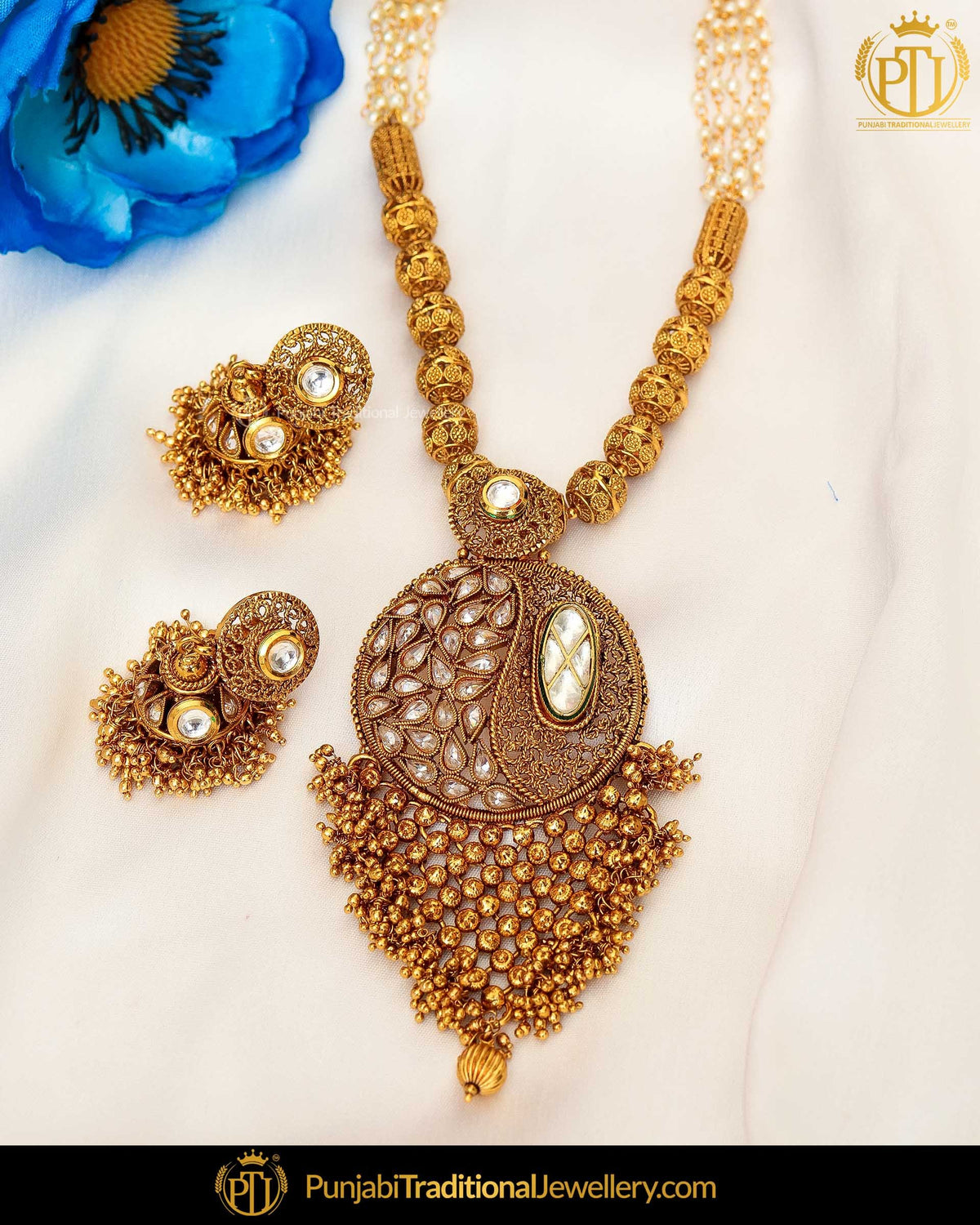 Antique Gold Finished Champagne Stone Pearl Johda Long Set  | Punjabi Traditional Jewellery Exclusive