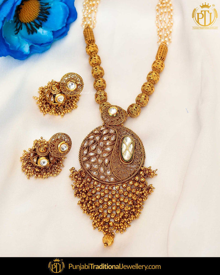 Antique Gold Finished Champagne Stone Pearl Johda Long Set  | Punjabi Traditional Jewellery Exclusive