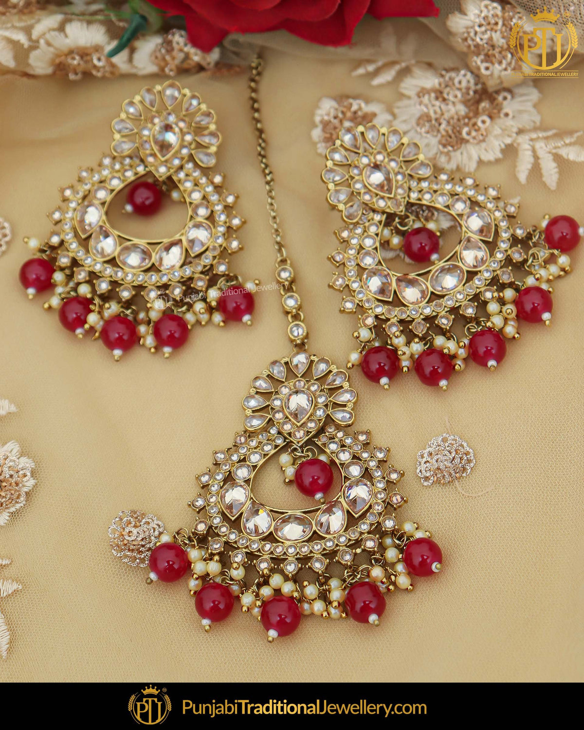 Antique Gold Finished Pearl Rubby Champagne Stone Earring Tikka Set | Punjabi Traditional Jewellery Exclusive