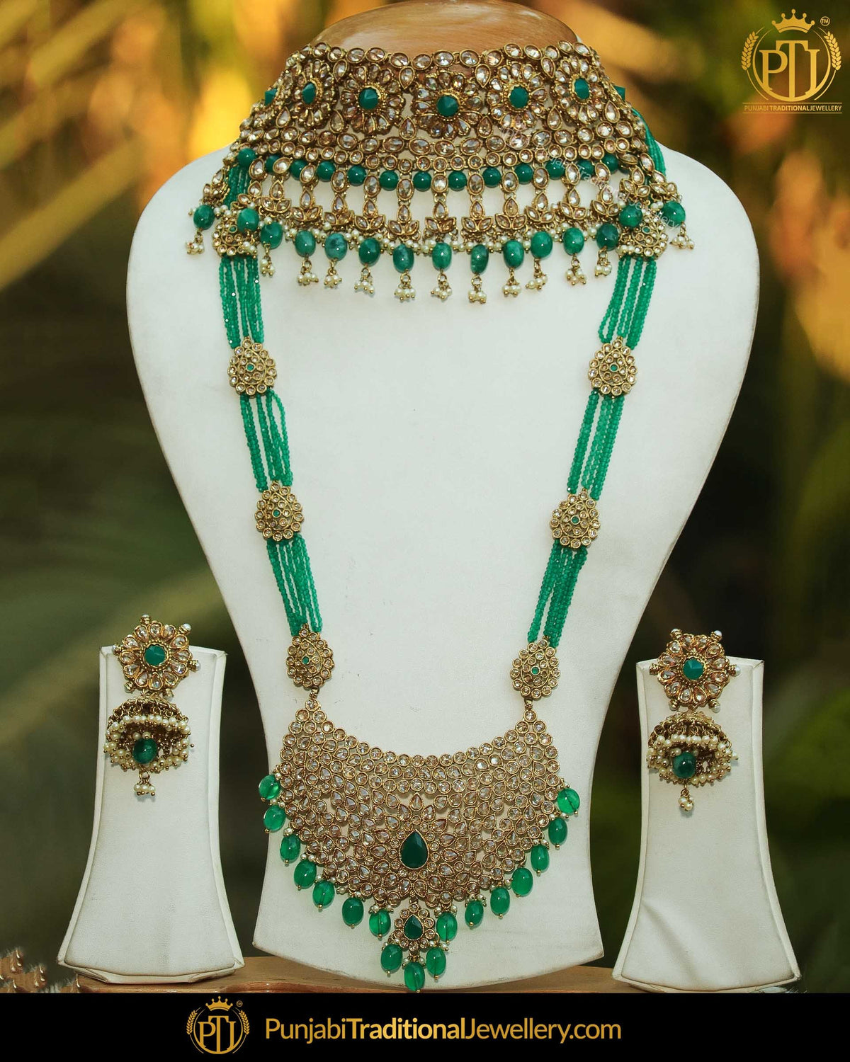 Gold Finished Green Chamapange Stone  Bridal Choker Necklace Set | Punjabi Traditional Jewellery Exclusive