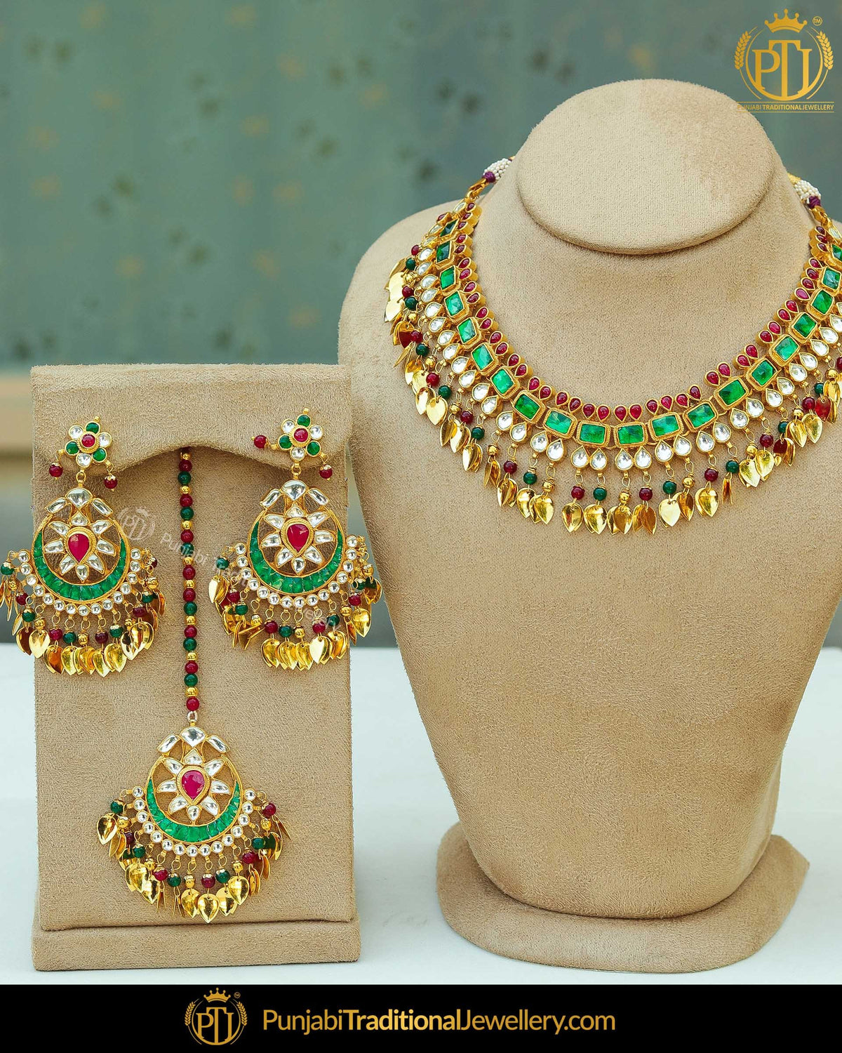 Antique Gold Finished Rubby Emerald Pippal Patti Pearl Kundan Necklace Set | Punjabi Traditional Jewellery Exclusive