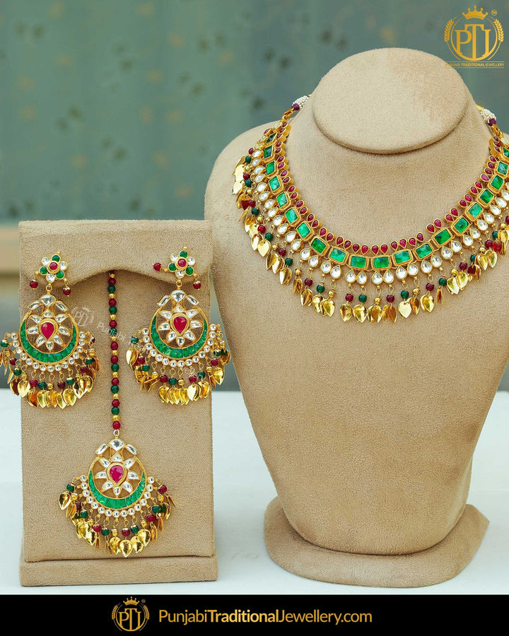 Antique Gold Finished Rubby Emerald Pippal Patti Pearl Kundan Necklace Set | Punjabi Traditional Jewellery Exclusive