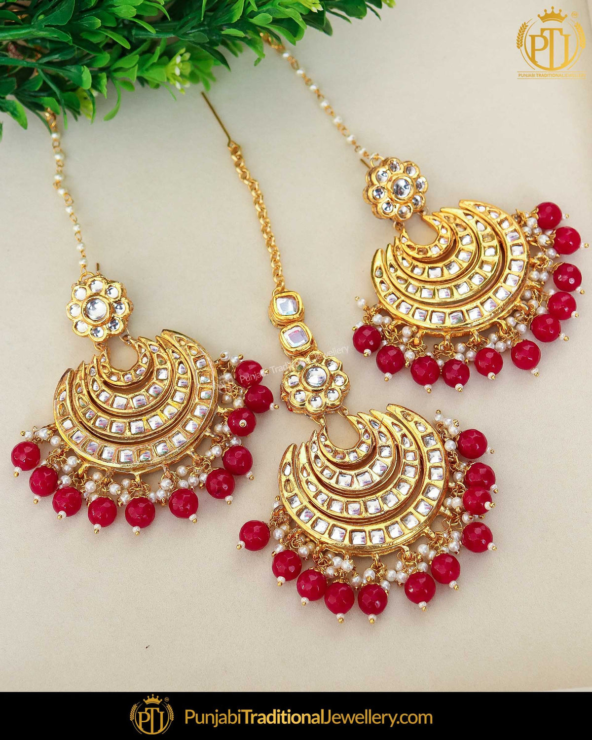 Gold Finished Rubby Kundan Pearl Earring Tikka Set | Punjabi Traditional Jewellery Exclusive