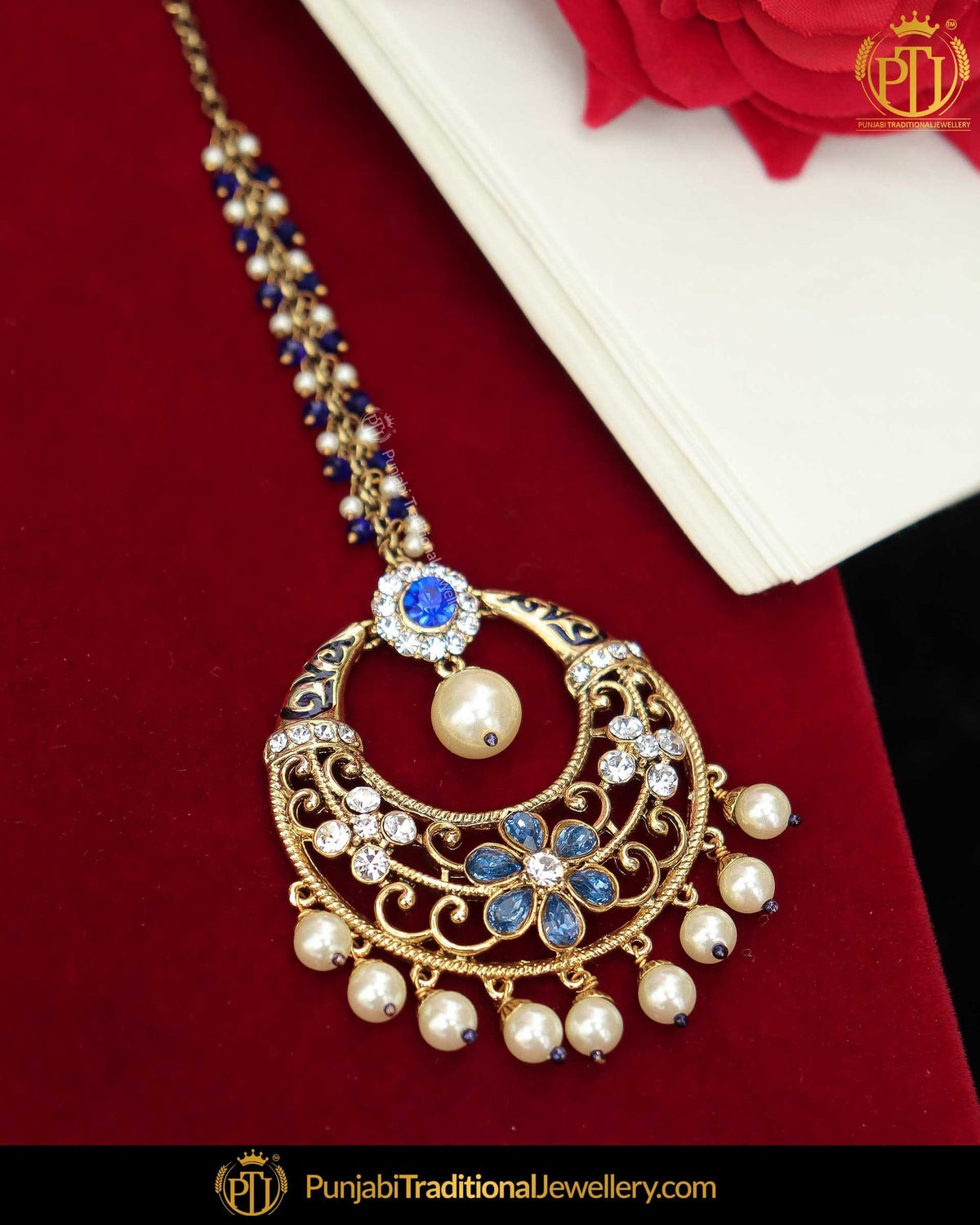 Gold Finished Blue Champagne Stone Tikka | Punjabi Traditional Jewellery Exclusive