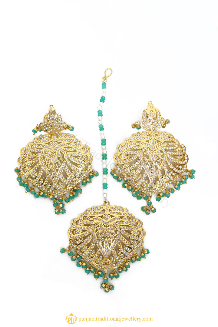 Gold Finished Earrings & Tikka Set by PTJ