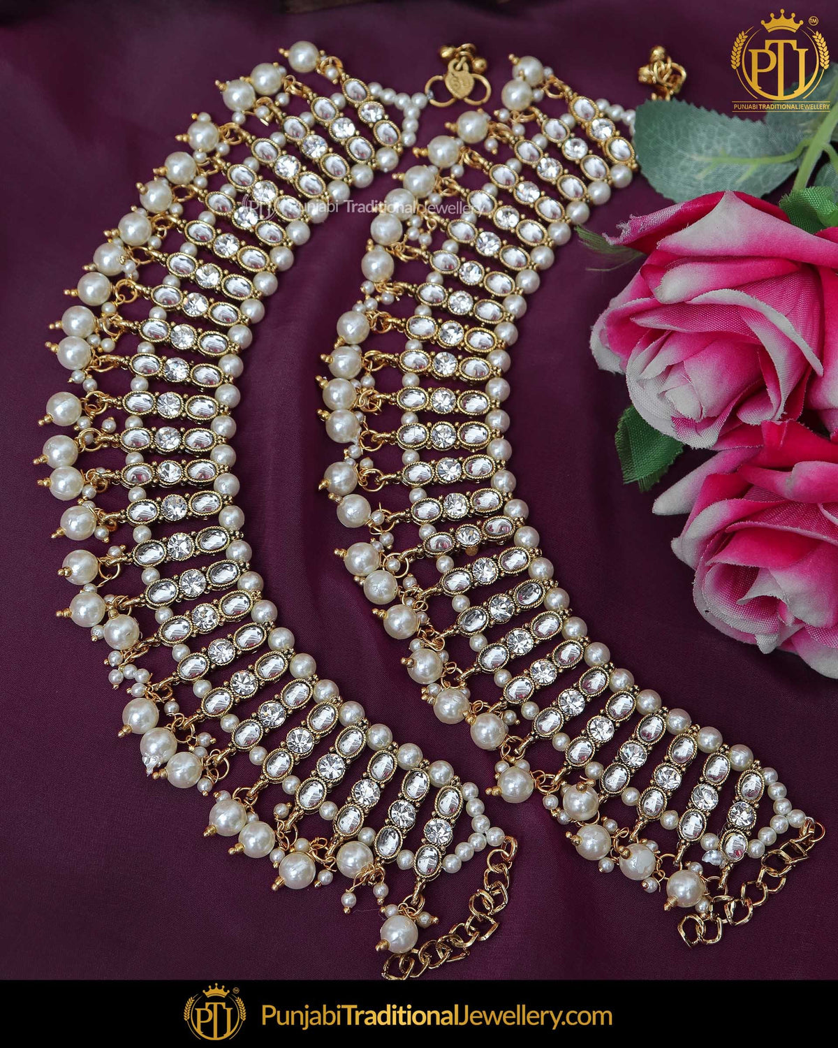 Gold Finished Pearl Polki Stone Payal | Punjabi Traditional Jewellery Exclusive