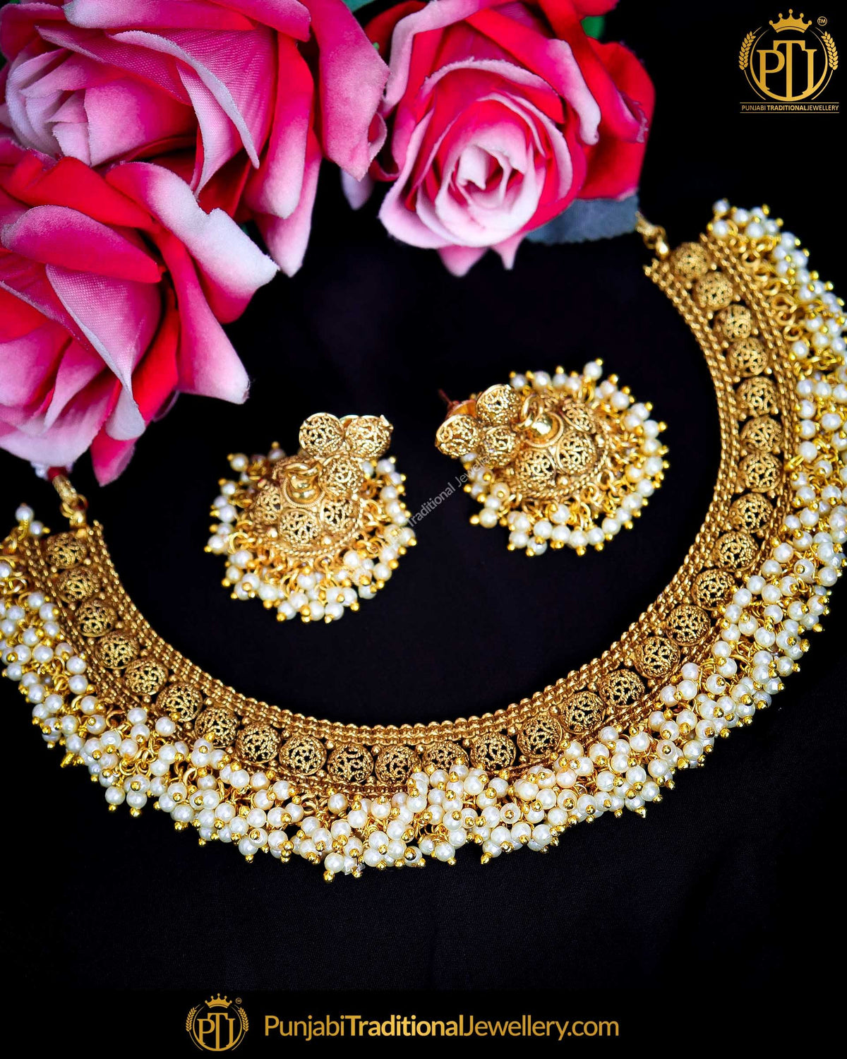 Antique Gold Finished Champagne Stone Pearl Choker Necklace Set  | Punjabi Traditional Jewellery Exclusive