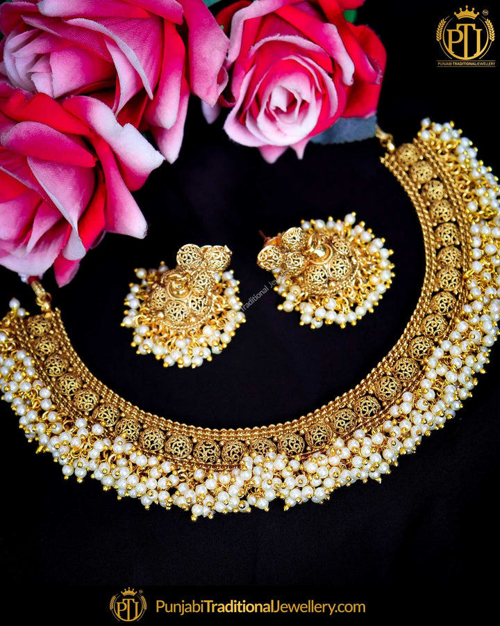 Antique Gold Finished Champagne Stone Pearl Choker Necklace Set  | Punjabi Traditional Jewellery Exclusive