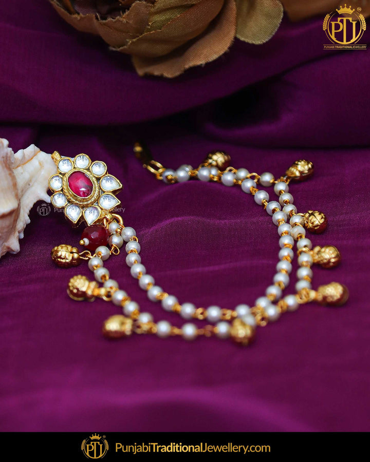 Gold Finished Rubby Kundan Without hole Nose Pin with Chain | Punjabi Traditional Jewellery Exclusive