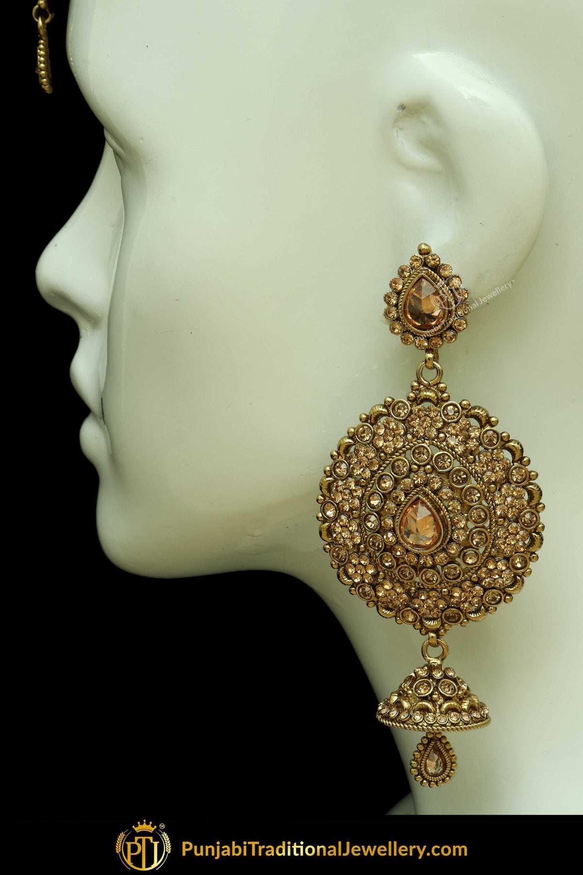 Antique Gold Finised Jerkan Earring Tikka Set By Punjabi Traditional Jewellery