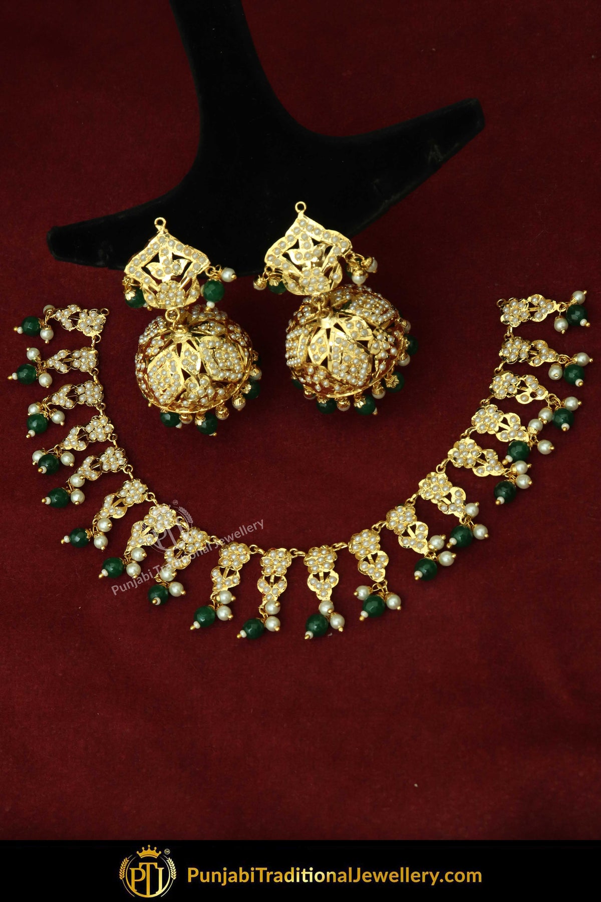 Gold Finished Emerald Jadau Pearl Necklace Set | Punjabi Traditional Jewellery Exclusive