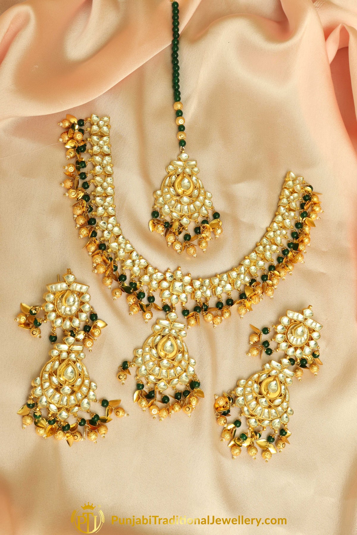 Falaq Emerald Kundan Pearl Necklace Set | Punjabi Traditional Jewellery Exclusive