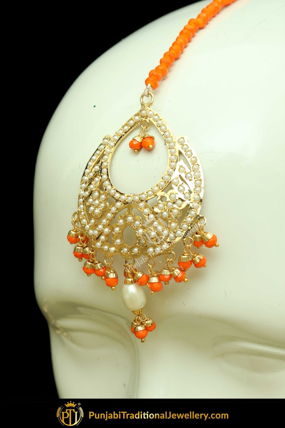Gold Finished Orange Jadau Pearl Earring Tikka Set | Punjabi Traditional Jewellery Exclusive