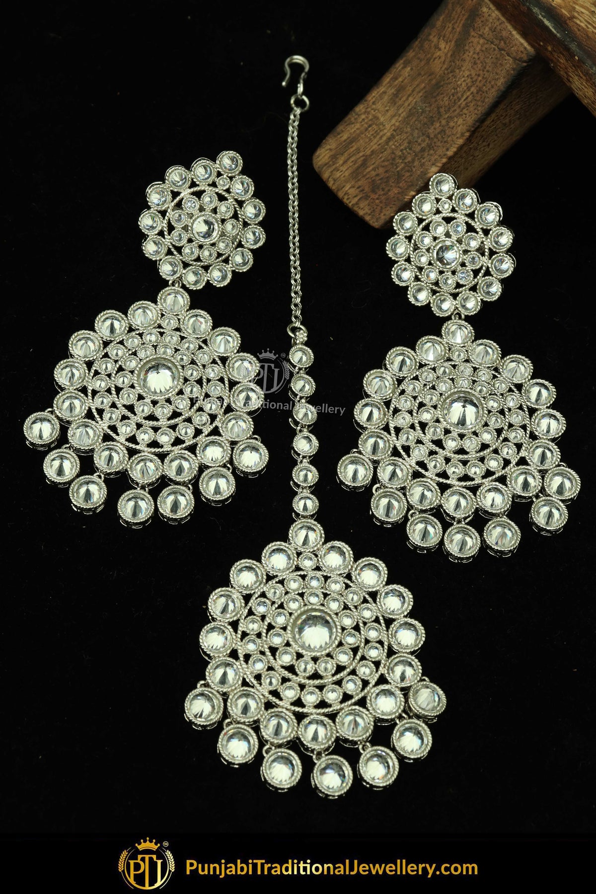 Silver Finished Polki Stone Earrings & Tikka Set By Punjabi Traditional Jewellery