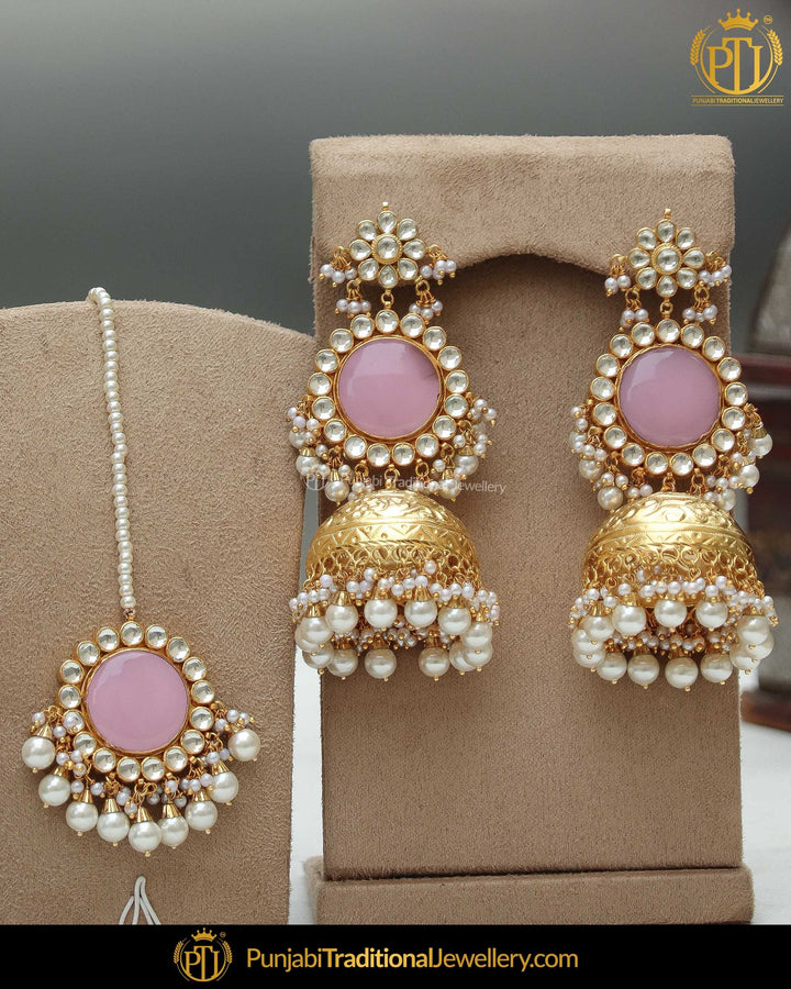 Gold Finished Peach Kundan Stud Jhumki Pearl Earring Tikka Set | Punjabi Traditional Jewellery Exclusive