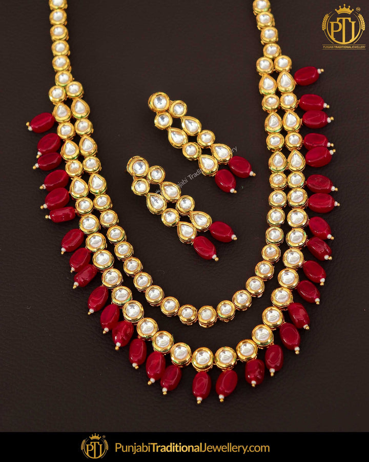 Gold Finished Rubby Pearl Kundan Long Necklace Set | Punjabi Traditional Jewellery Exclusive