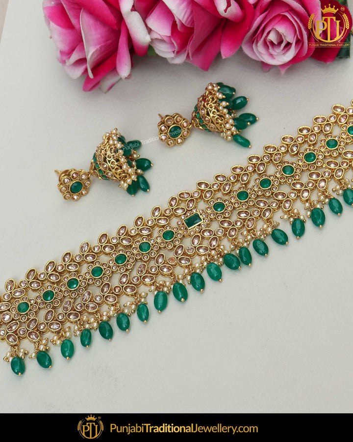 Gold Finished Champagne Stone Emerald Pearl Choker Necklace Set | Punjabi Traditional Jewellery Exclusive