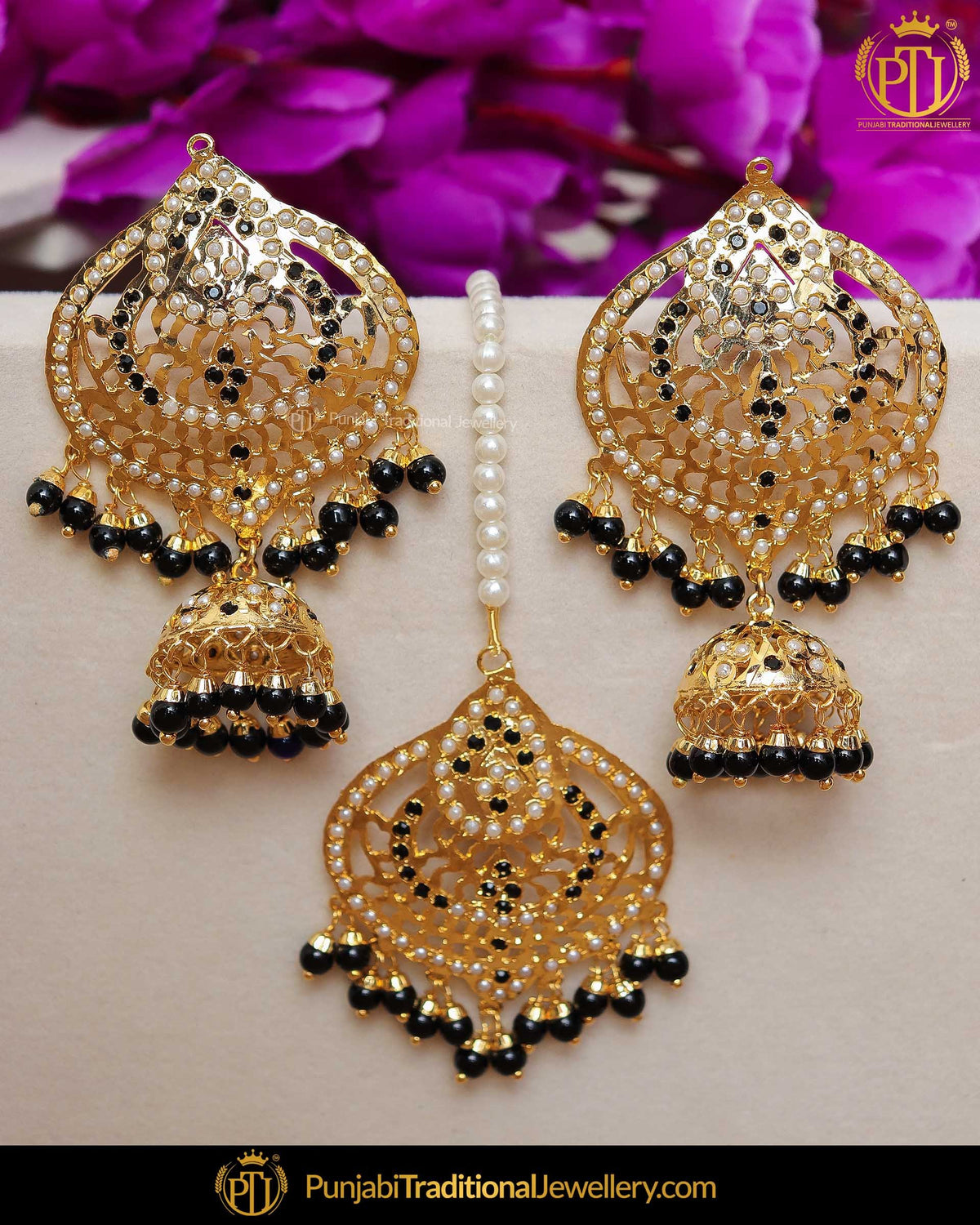 Gold Finished Black Jhumki Jadau Pearl Earrings | Punjabi Traditional Jewellery Exclusive