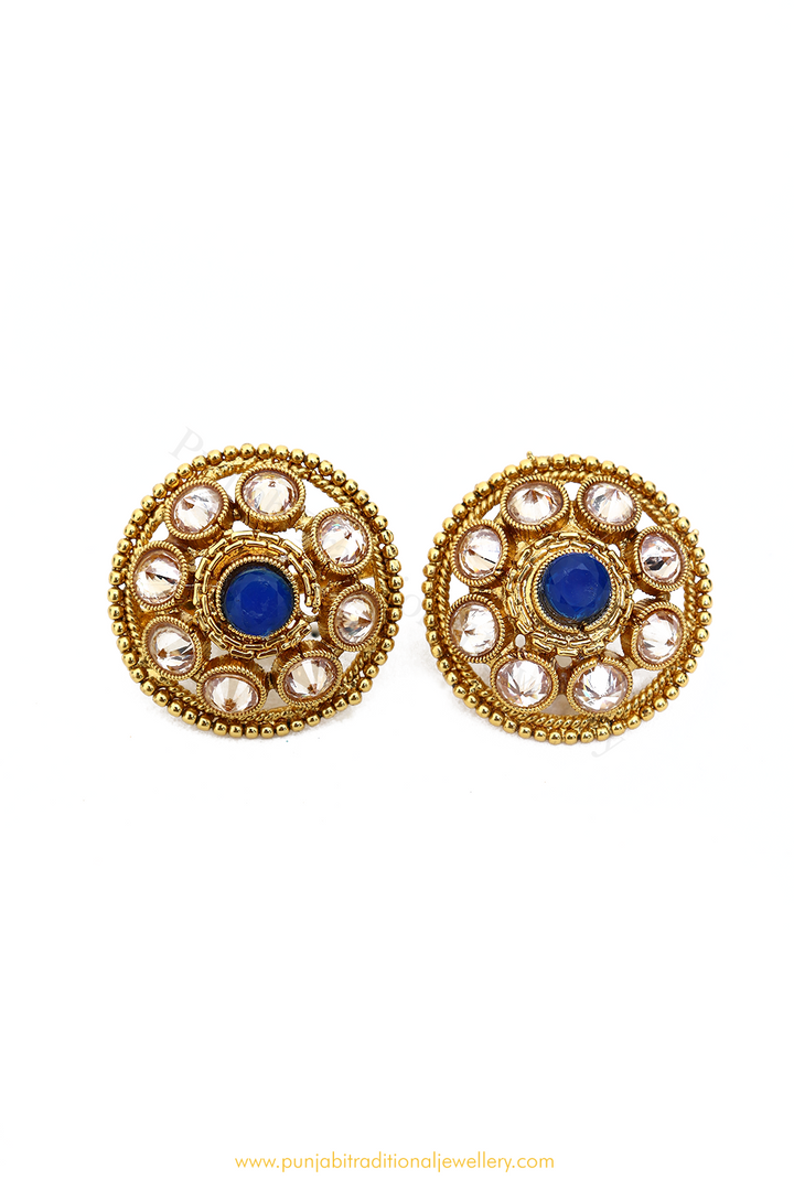 Antique Gold Finished Blue Polki Studs By PTJ