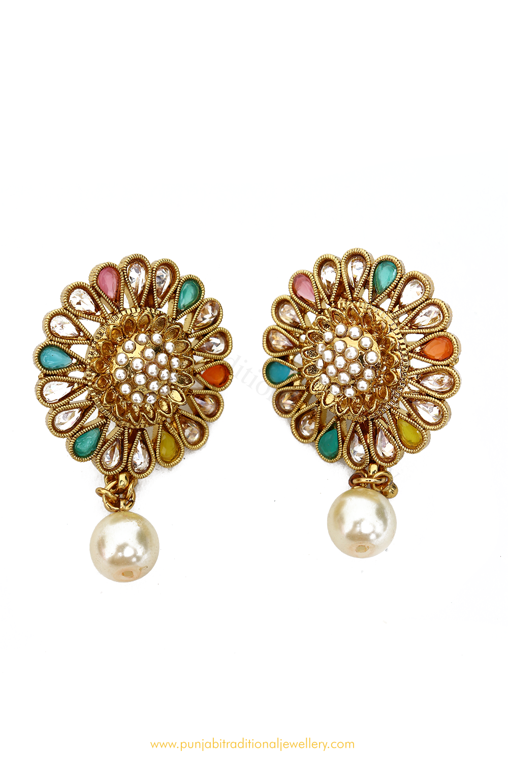 Antique Gold Finished Rubby Emerald Polki Studs By PTJ