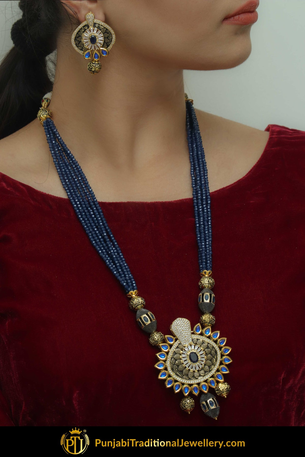 Forhana Gold Finished Blue Kundan Long Necklace Set | Punjabi Traditional Jewellery Exclusive