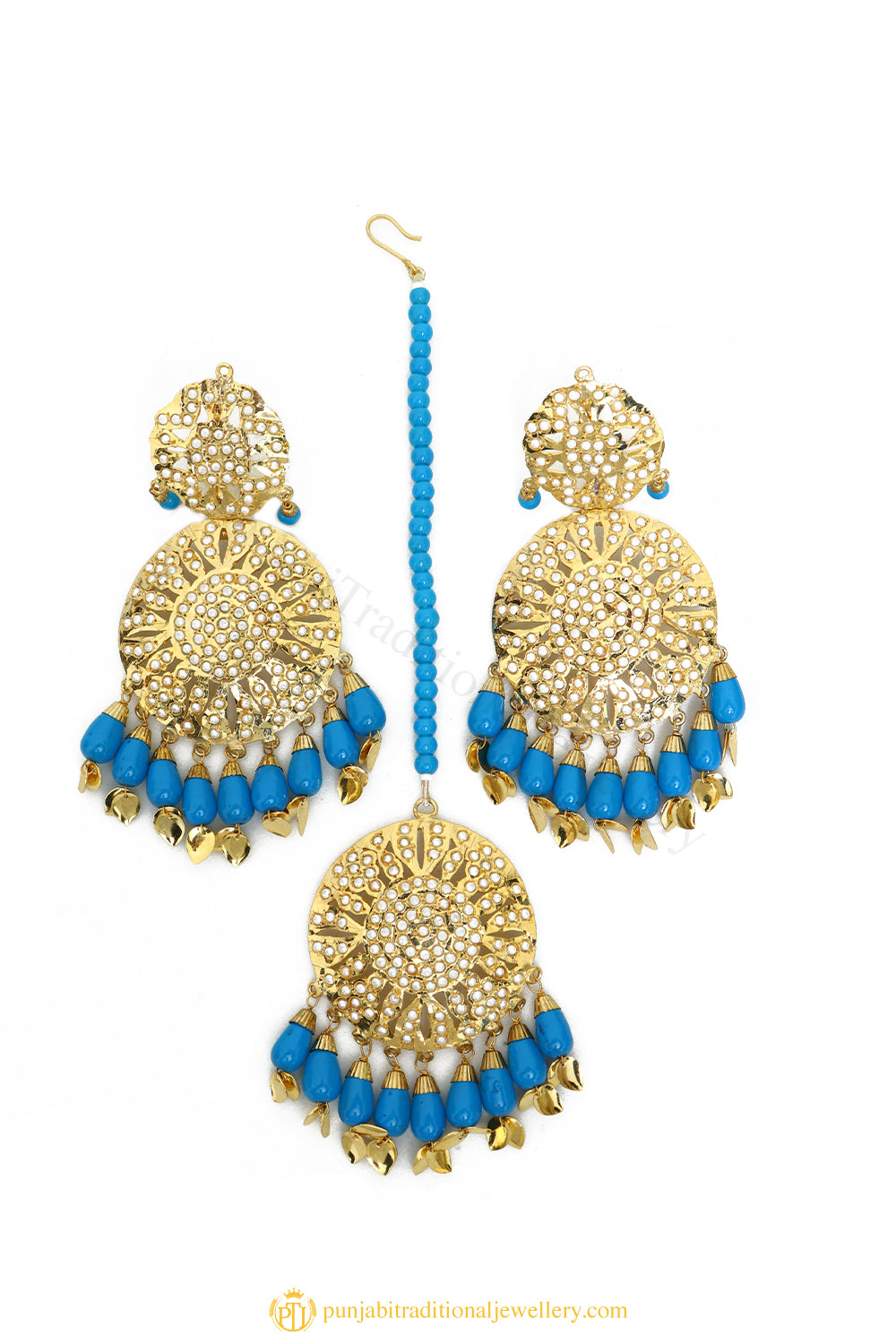 Gold Finished Earrings & Tikka Set by PTJ