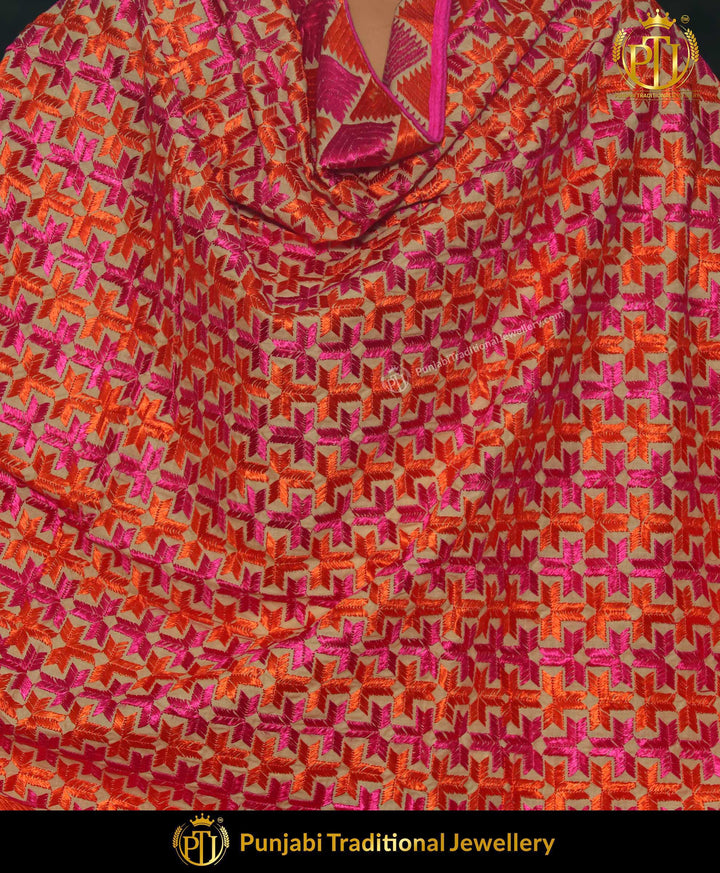 Red & Orange Pure Phulkari Dupatta | Punjabi Traditional Jewellery Exclusive