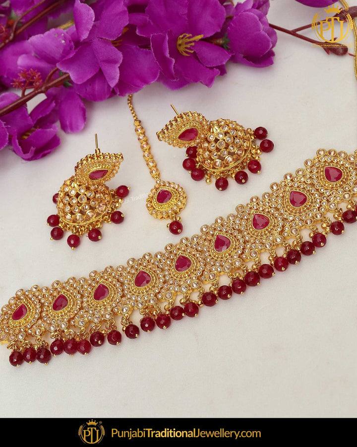 Gold Finished Champagne Stone Rubby Choker Necklace Set | Punjabi Traditional Jewellery Exclusive
