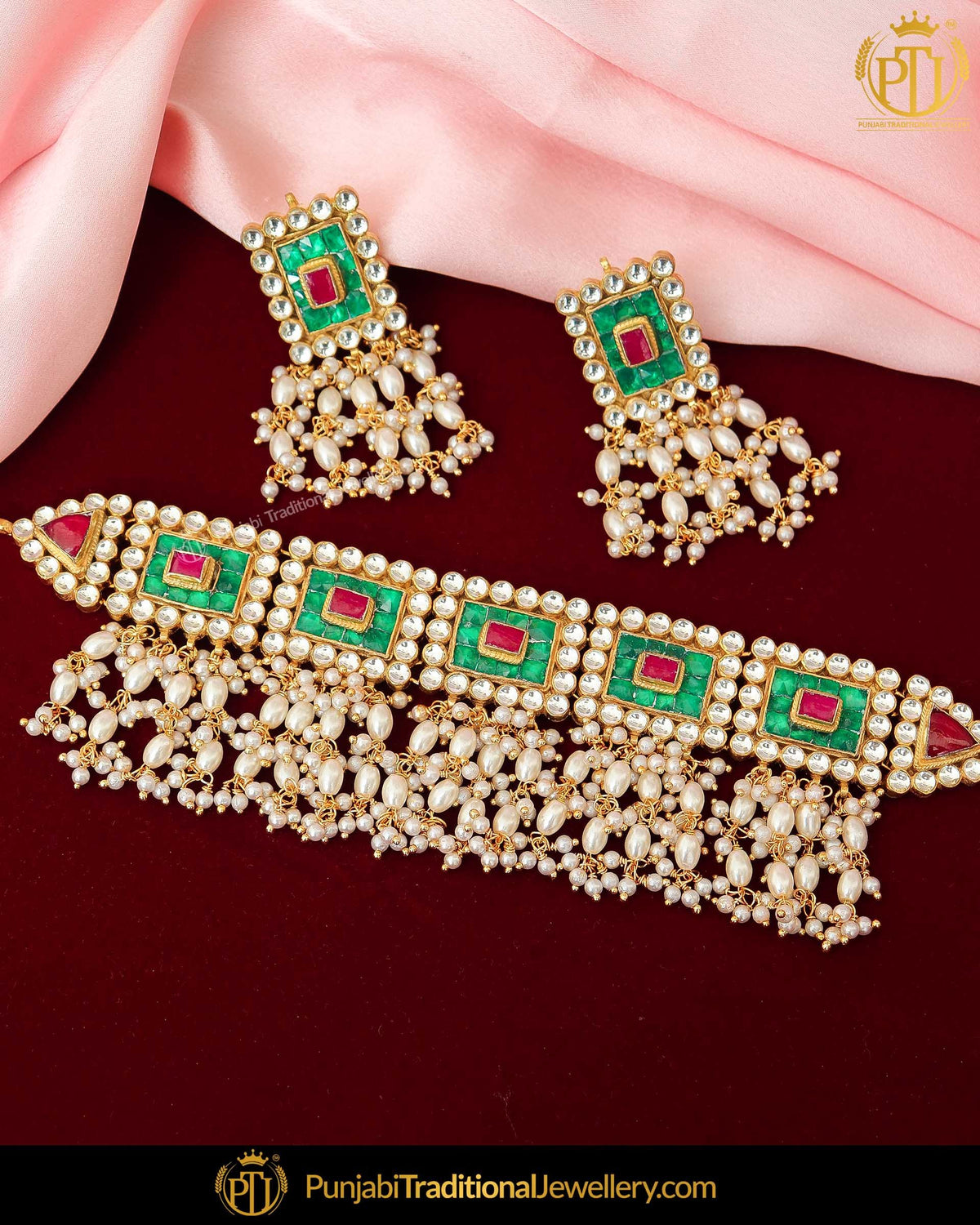 Rubby Emerald Kundan Pearl Necklace Set | Punjabi Traditional Jewellery Exclusive