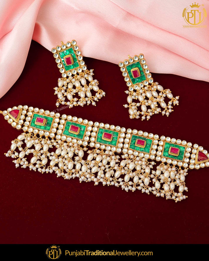 Rubby Emerald Kundan Pearl Necklace Set | Punjabi Traditional Jewellery Exclusive