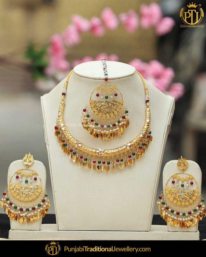 Gold Finished Pippal Patti Patra Hasli Necklace Set | Punjabi Traditional Jewellery Exclusive