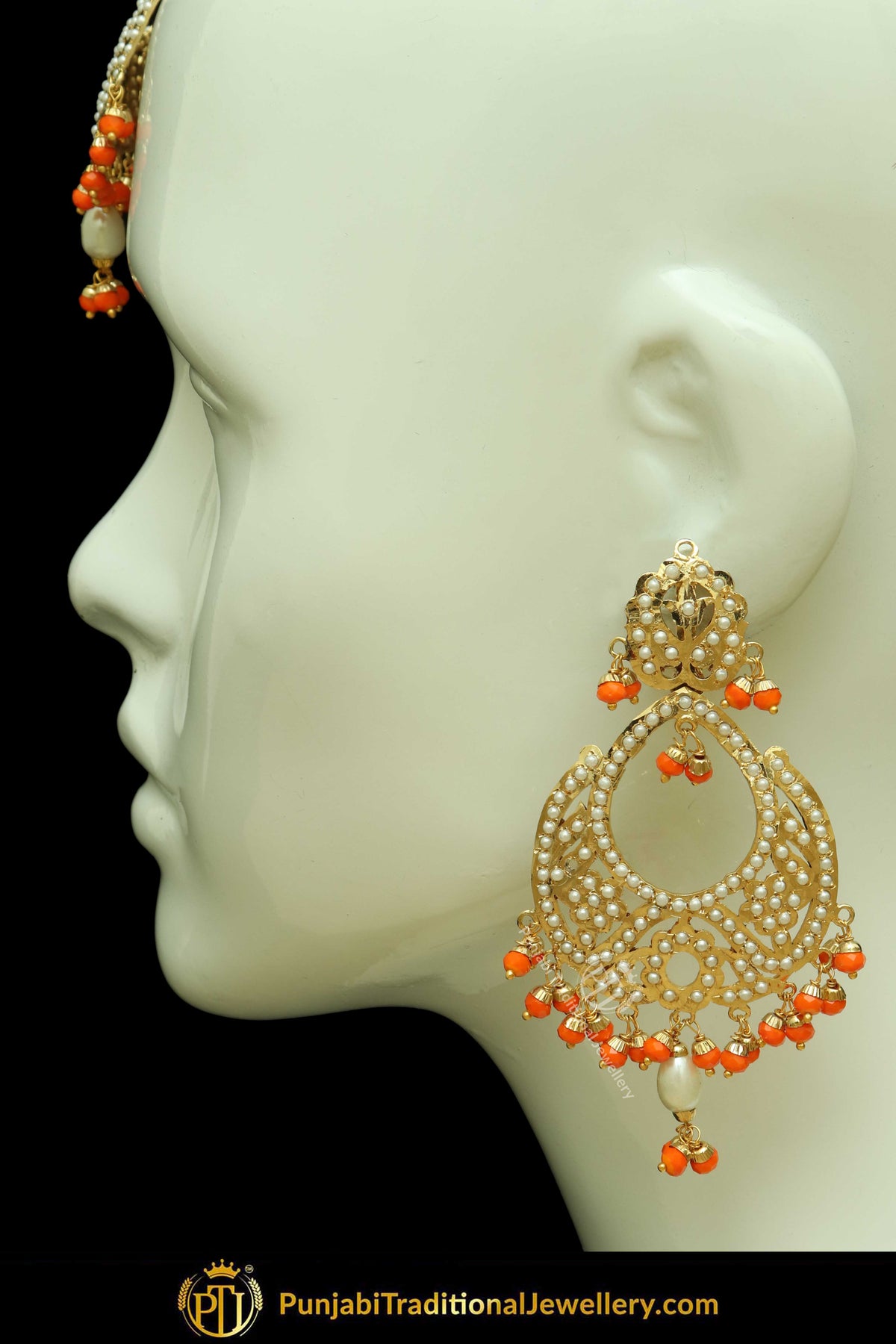 Gold Finished Orange Jadau Pearl Earring Tikka Set | Punjabi Traditional Jewellery Exclusive