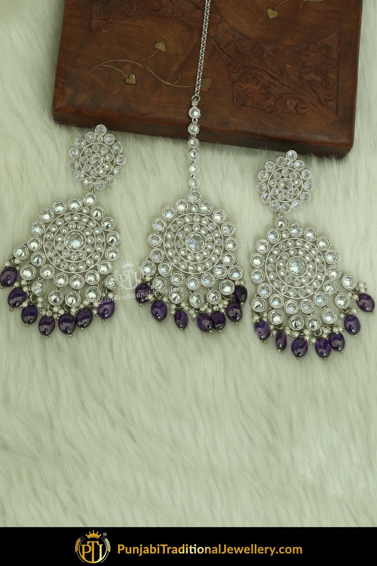 Silver Finished Polki Stone Blue Drops Earrings & Tikka Set By Punjabi Traditional Jewellery