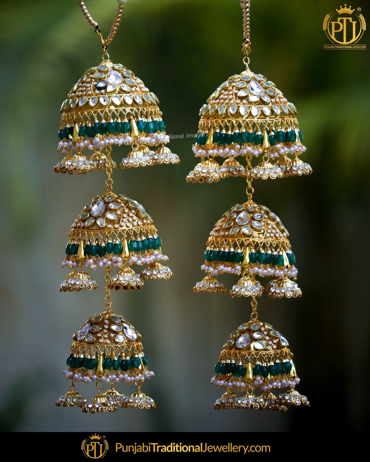 Gold Finished Kundan Stone Emerald Triple Bridal Kalire  | Punjabi Traditional Jewellery Exclusive