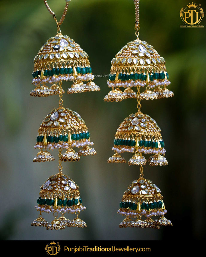 Gold Finished Kundan Stone Emerald Triple Bridal Kalire  | Punjabi Traditional Jewellery Exclusive