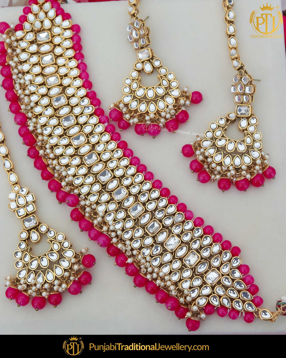 Gold Finished Kundan Pearl Pink Choker Necklace Set | Punjabi Traditional Jewellery Exclusive