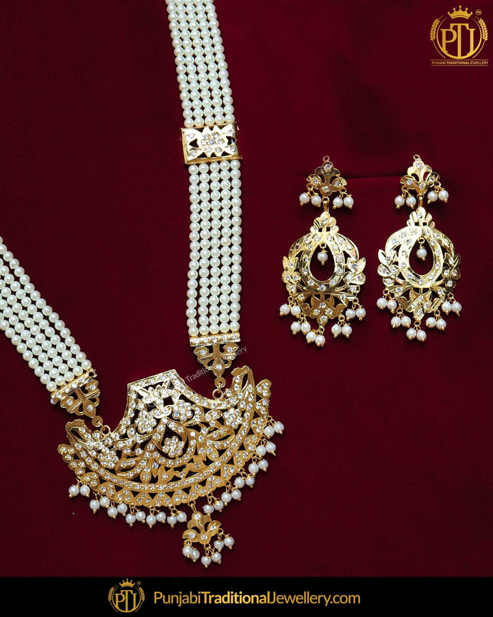 Gold Finished Pearl Jadau Pearl Long Necklace Set | Punjabi Traditional Jewellery Exclusive