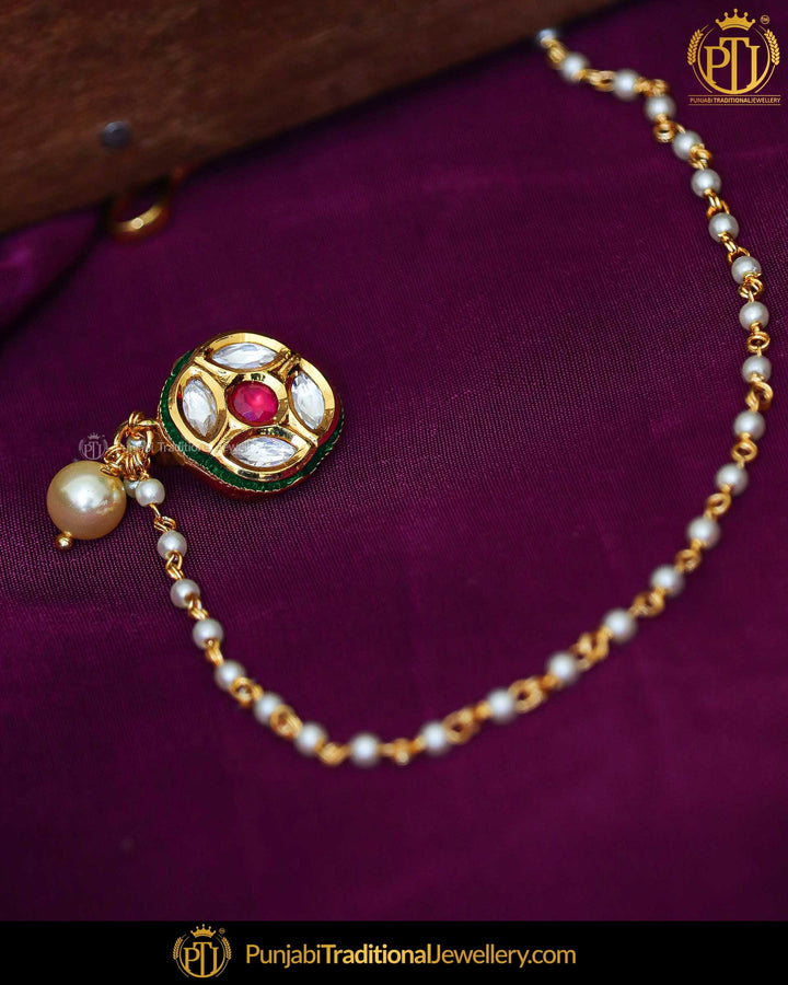 Gold Finished Rubby Kundan Without hole Nose Pin with Chain | Punjabi Traditional Jewellery Exclusive